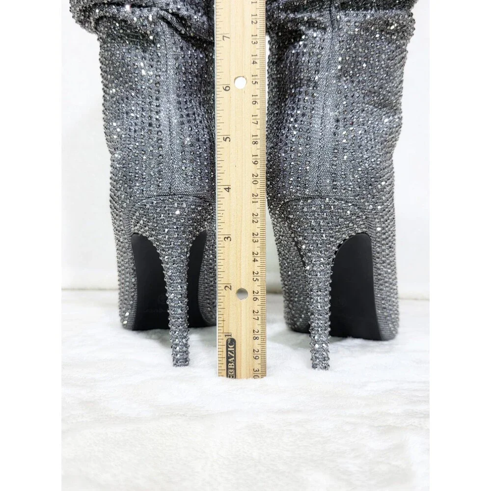 NIB Envy Pewter Gray Rhinestone High Heel Stiletto Slouch Below Knee Boots_7